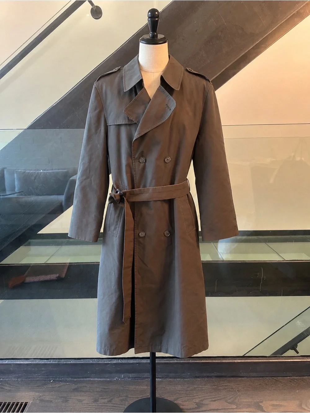 Hart Schaffner Marx Olive-Brown Double-Breasted Trench Coat with Belt